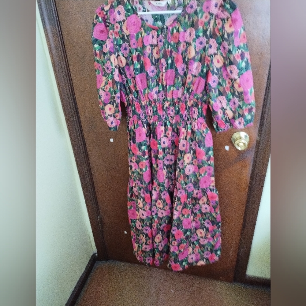 Pink Puff Sleeve Sundress with Crew Neck